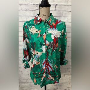 Talbots Med Jungle‎ Tiger Print Cotton Button Up Shirt Blouse Green Camp Sleeve